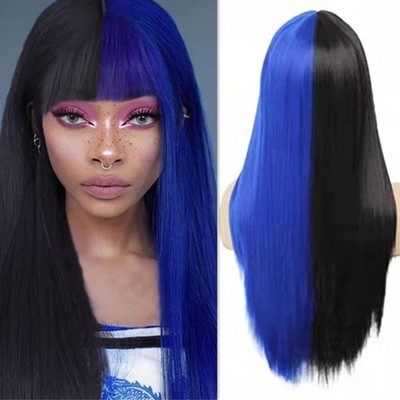 Half Black Half Blue Wigs with Bangs for Women Long Straight 2 Tone Cosplay C...