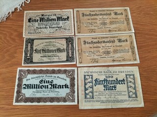 6 x Sächsische Bank zu Dresden von 500 Mark 1922 bis 5 Mio. 1923