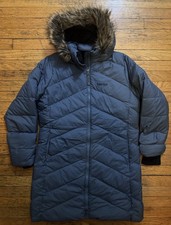 Marmot 700 Fill Down Hooded Puffer Parka Jacket Blue Faux Fur Trim Size Girl XL