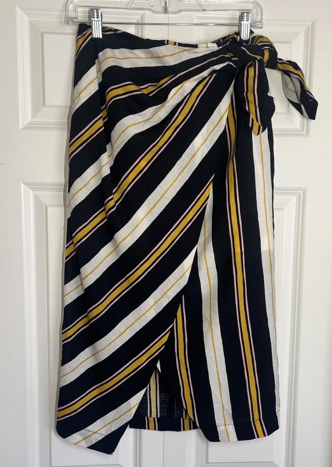 Banana Republic Womens Size 4 Striped Navy White Gold Faux-Wrap Tie Midi Skirt