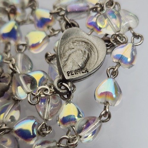 New Pewter Glass Crystal Heart Shaped Iridescent Glass Crystal Rosary Chapel - Picture 4 of 9