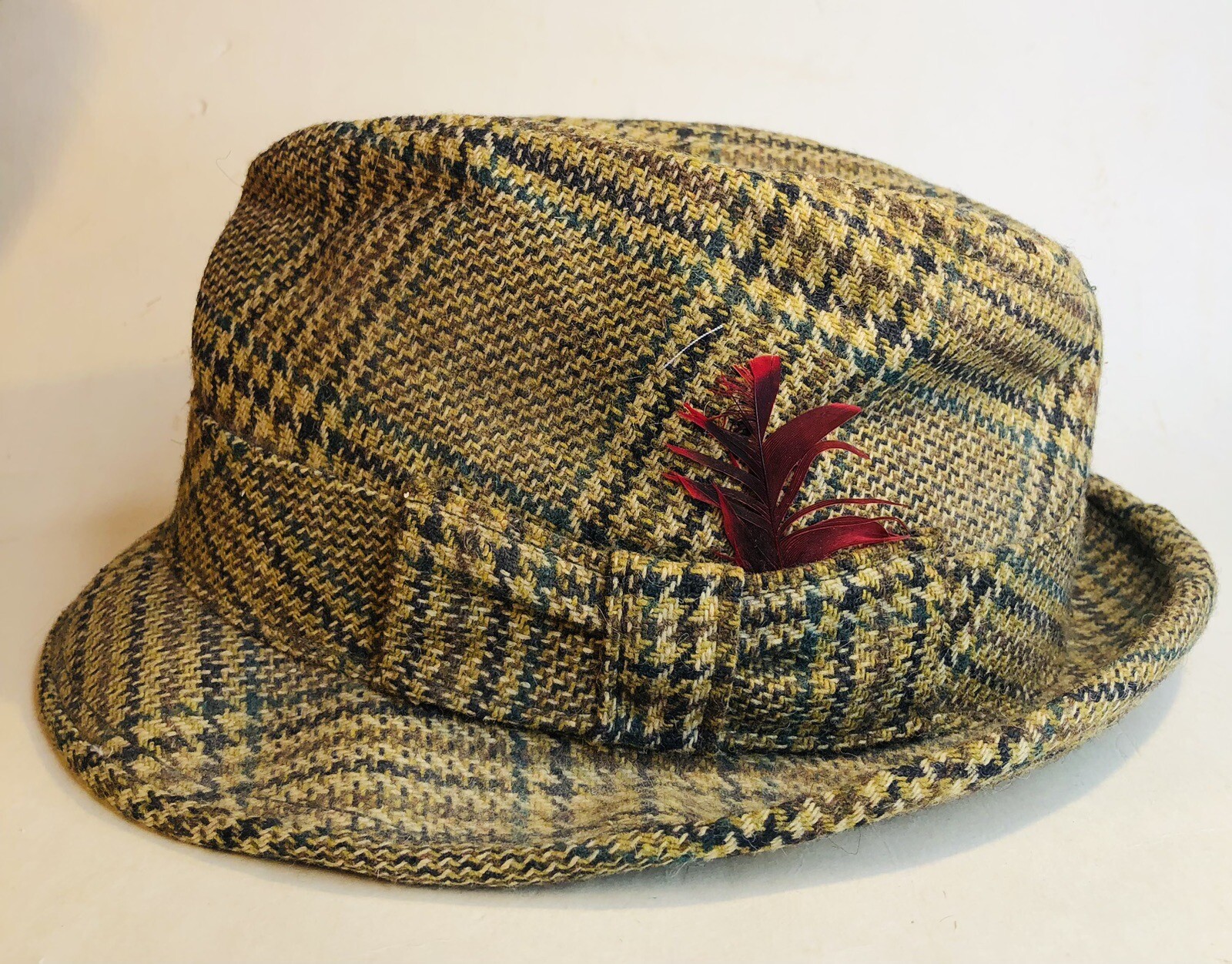 Vintage ADAM New York Wool Tweed Fedora Hat with Feather Size 7 1/8-image