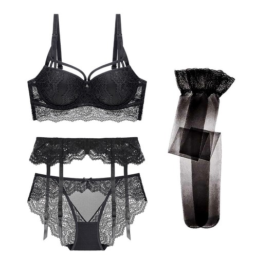 Soutien-gorge push-up culotte avec bas de ceinture de jarretière ensemble 4 pièces lingerie sexy - Photo 1/15