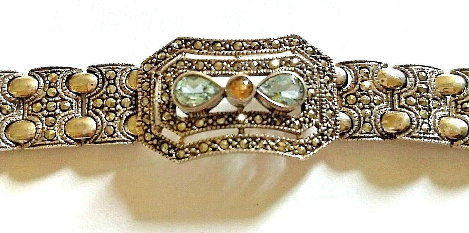 Sterling Silver Deco Link Bracelet with Blue Topaz Citrine Marcasite 36gm 7 1/4 Vintage-image