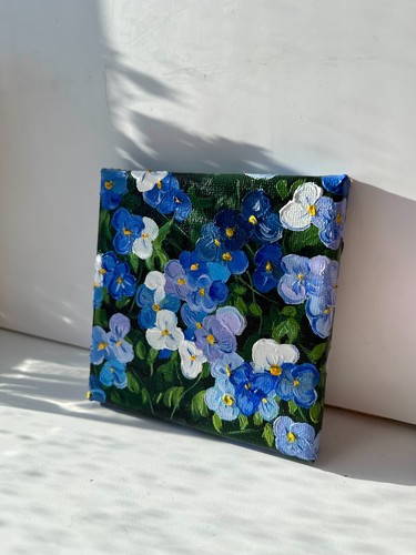 Original Acrylic mini Painting on Canvas 4x4 Blue Floral Art, Handmade - Picture 4 of 5
