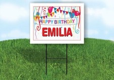 EMILIA HAPPY BIRTHDAY BALLOONS 18 in x 24 in Yard Sign Road Sign with Stand