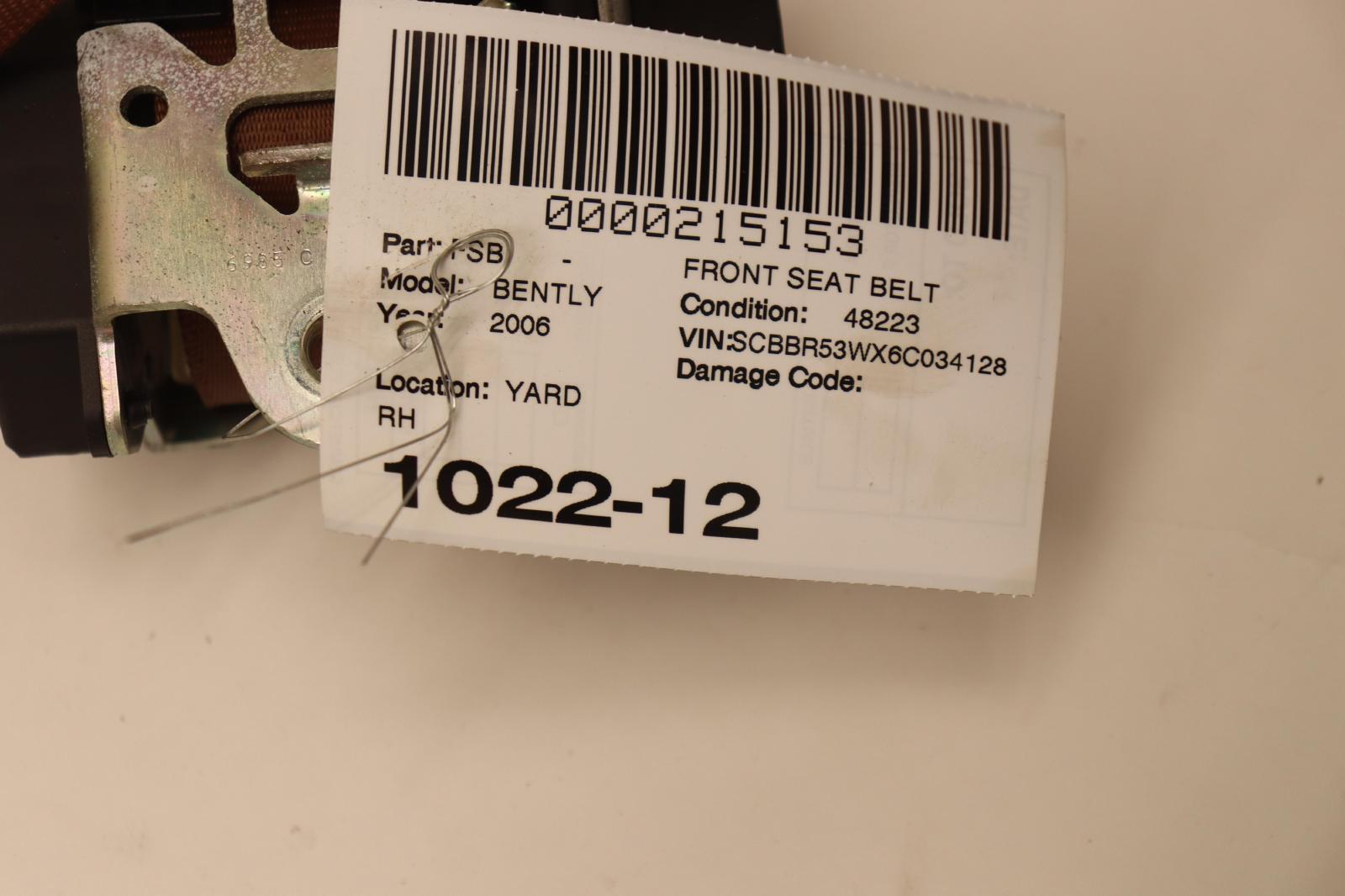 2006-2012 BENTLEY CONTINENTAL FLYING SPUR FRONT RIGHT PASSENGER SEAT BELT OEM
