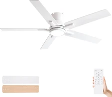 52 Inch Ceiling Fans with Lights,White Low Profile Ceiling Fan with Light and Re