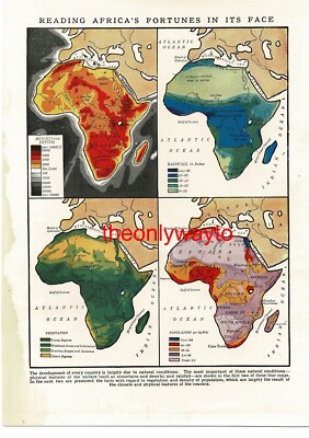 Afrika, Landkarten mit physischen Informationen, Buchillustration (Druck), um 1925