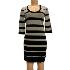 Calvin Klein Women Knit Sweater Mini Dress Striped Tan and Black 3/4 Sleeve Sz M