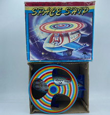 1980's Working Tin Toy Wind Up SPACE SHIP with Original Box