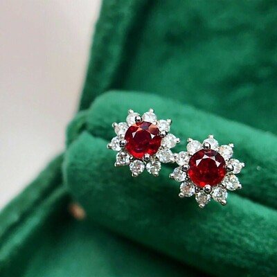 Round Cut Simulated Red Ruby Gorgeous Flower Stud Earring 14K White Gold Plated