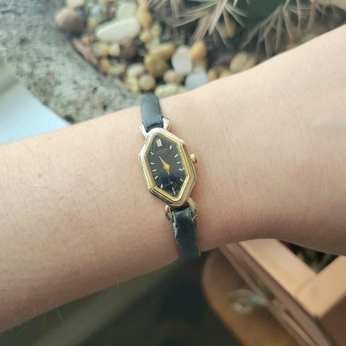 Vintage Citizen Quartz Dainty Classic Gold & Black Leather