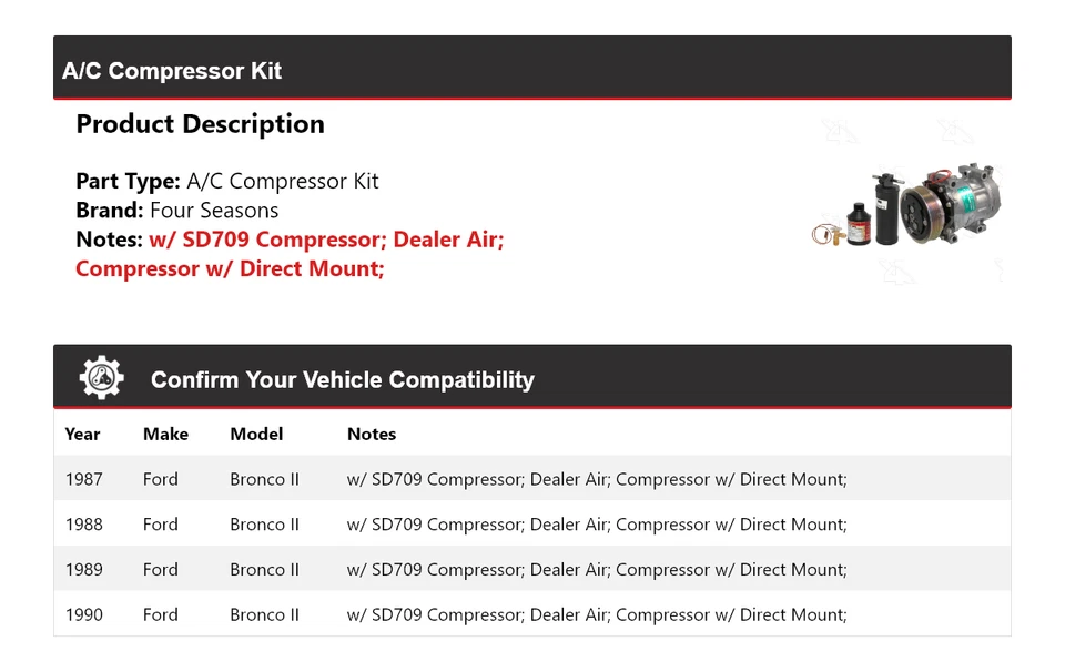 Kit compresor aire acondicionado Ford Bronco II 1987-1990 4 estaciones 1988 1989 Foto 2 de 4