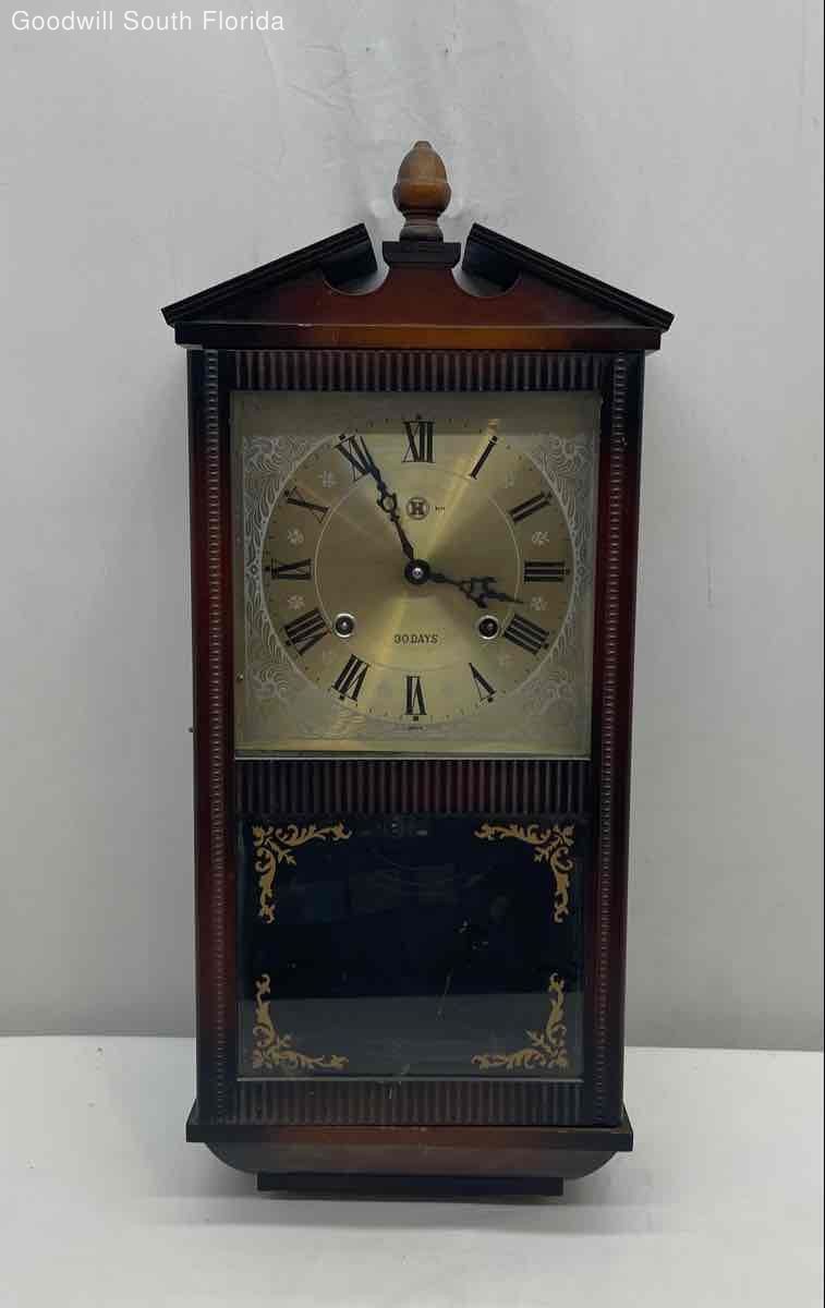 Antique Hibino 30-Day Brown Wood Roman Numerals Pendulum Chime Wall Clock