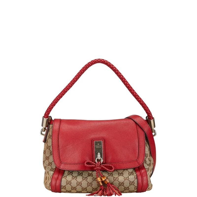 Sac à main Gucci Bella GG toile 2 voies beige rouge cuir occasion 12x8,6x4,3