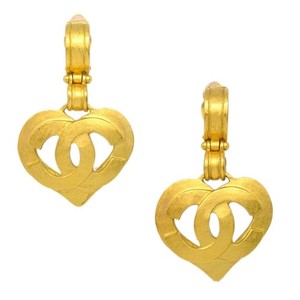 Authentic Chanel Vintage Cc Heart Cut Out Drop Clip-On Metal Gold Gold_Plated Earrings