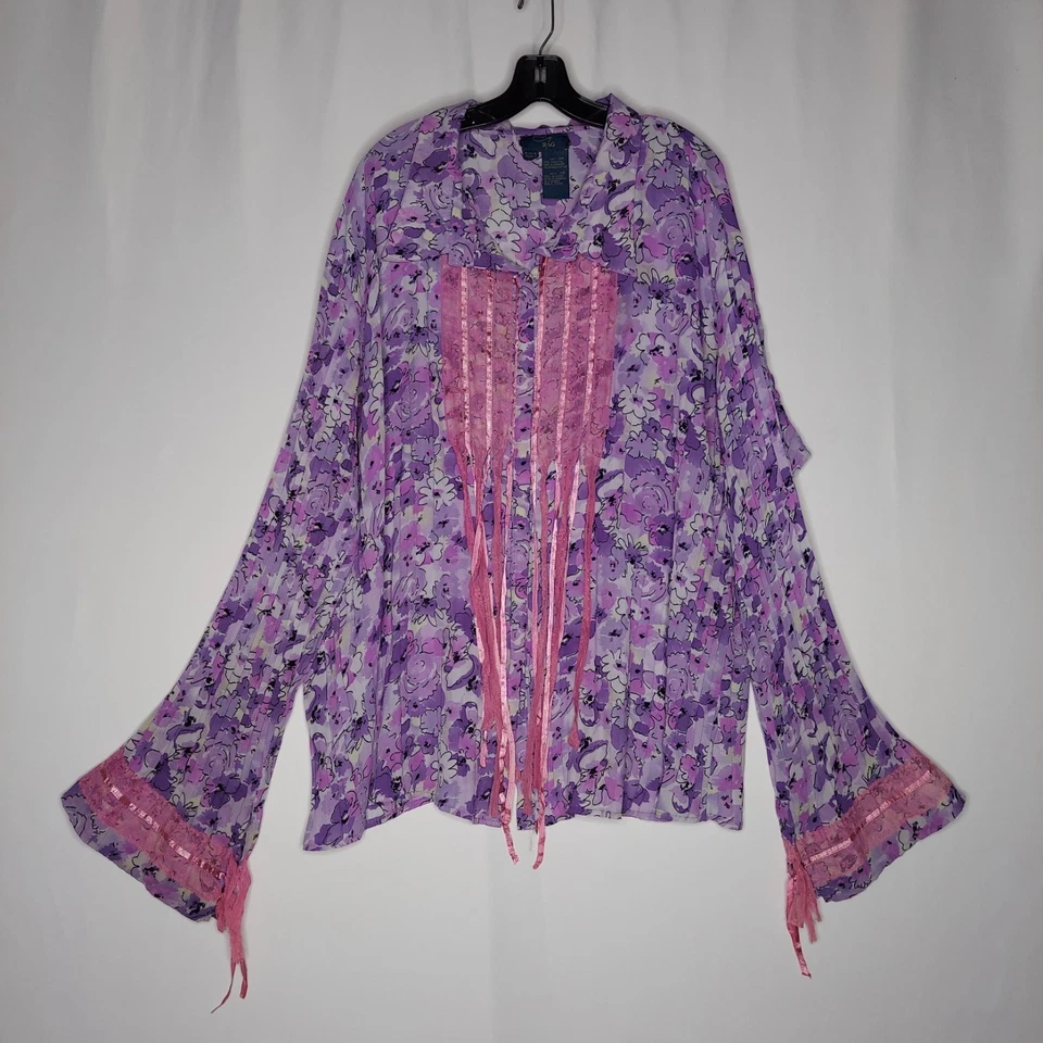Rag Button Top Women 3X Purple Pink Lace Floral Fringe Fairycore 90s Shabby Chic