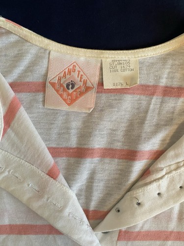 Vintage Hang Ten Crop Top Boxy Henley T-Shirt Pink Stripe Womens L Beach Surf - Picture 3 of 13