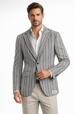 Hellblau gestreifte Bootsjacke Leinen Wolle Henley Regatta Blazer Freizeit Sommer