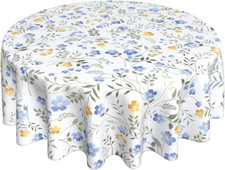 Blue Yellow Floral Leaf Round Tablecloth 60 Inch Summer Spring Table Wildflower