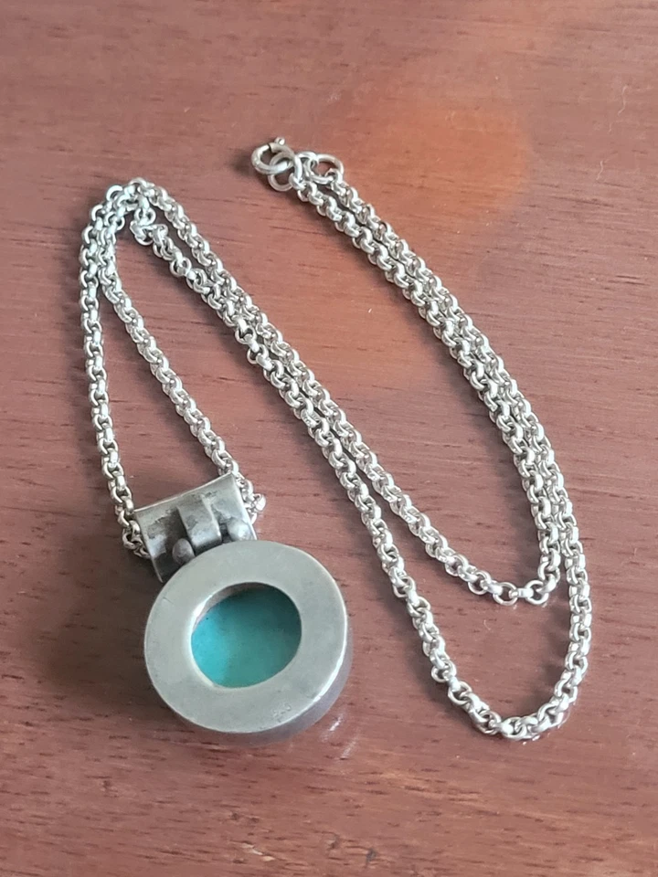 COLLAR BELCHER COLGANTE SOL TURQUESA Y PLATA ESTERLINA VINTAGE Foto 3 de 3