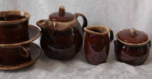 Vintage Hull Brown Drip Tea Pot, Sugar Bowl, Creamer And 2 Coffee Cup sets.