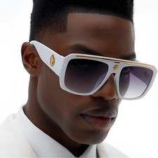 Mens White Gold Oversized Square Sunglasses Flat Top Gangster Hip Hop Shades New