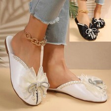 Women's Bow Mules Beaded Sandals Slides Slippers Slip on Beach Comfy Flats Shoes