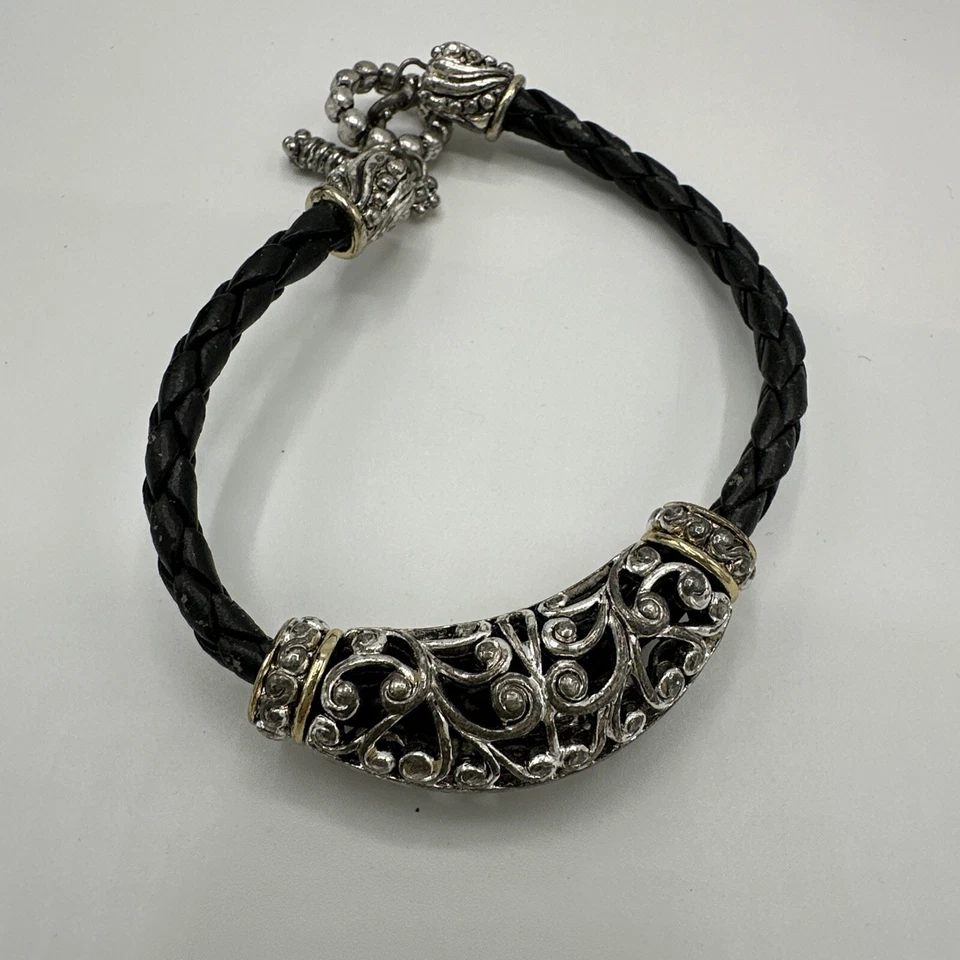 Pulsera de bisutería trenzada de cuero negro tono plata cuentas ornamentadas palanca Foto 2 de 4