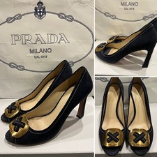 PRADA Italy Blue Suede Leather,Gold Buckle, Peep-Toe,Heels, Shoes 10US-AUST/40IT