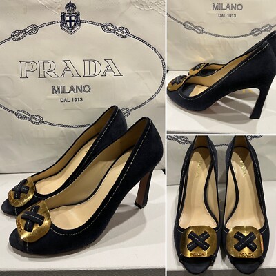 PRADA Italy Blue Suede Leather,Gold Buckle, Peep-Toe,Heels