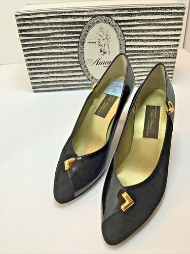 Sesto Meucci Black Suede Leather/ Paten Gold Accent Women's Size US 5 3.5" Heel - Picture 7 of 18