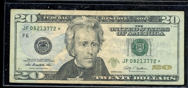 20 Dollar Bill 2009 STARNOTE JF08213772* STAR NOTE US PAPER CURRENCY MONEY #1051
