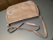 Tan Faux Leather Purse bag Brown Lining 1 zippered 2 Snap areas vintage used