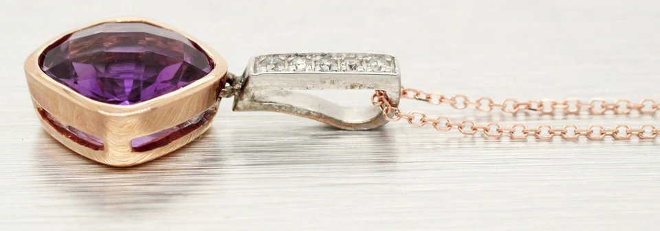 Vintage Square Amethyst & Diamond Pendant - 14k Rose Gold Necklace - 18" - Image 2 of 4