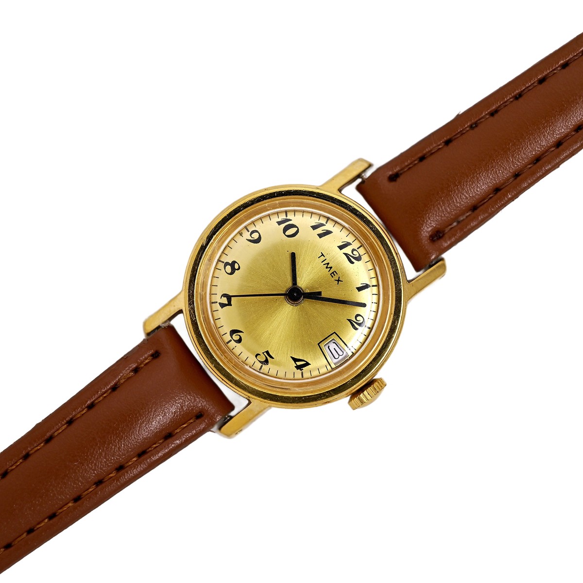 Timex Mechanical Date Watch Gold Tone Sunburst Dial Brown Strap Vintage 1970s Vintage 1970s Timex Mechanical Ladies Watch – Brown Sunburst  main image 3