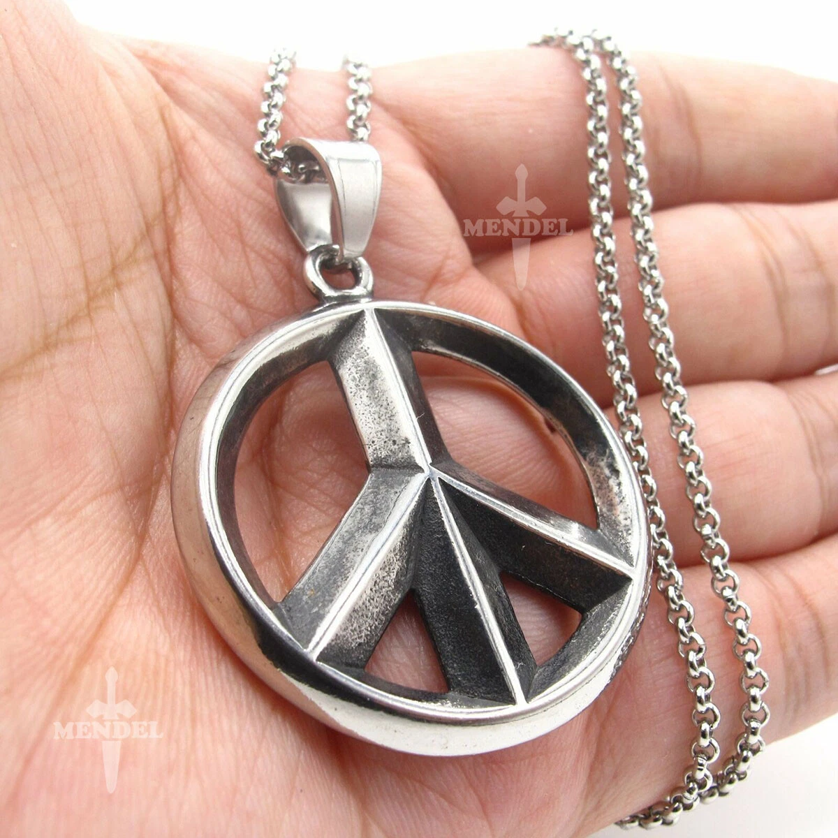 MENDEL Mens Peace Sign Necklace Pendant Symbol Men Stainless Steel Jewelry Chain