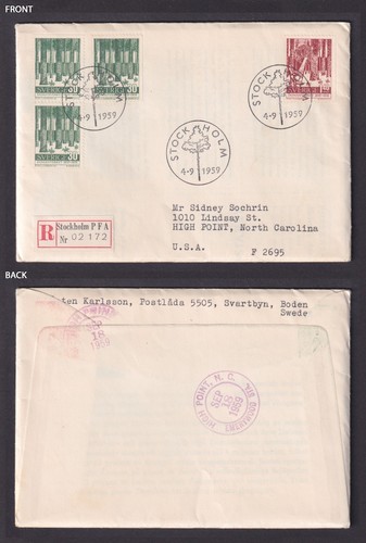 Sweden 1959 Registered Cover Stockholm to High Point NC USA FDC Forest - Picture 3 of 3
