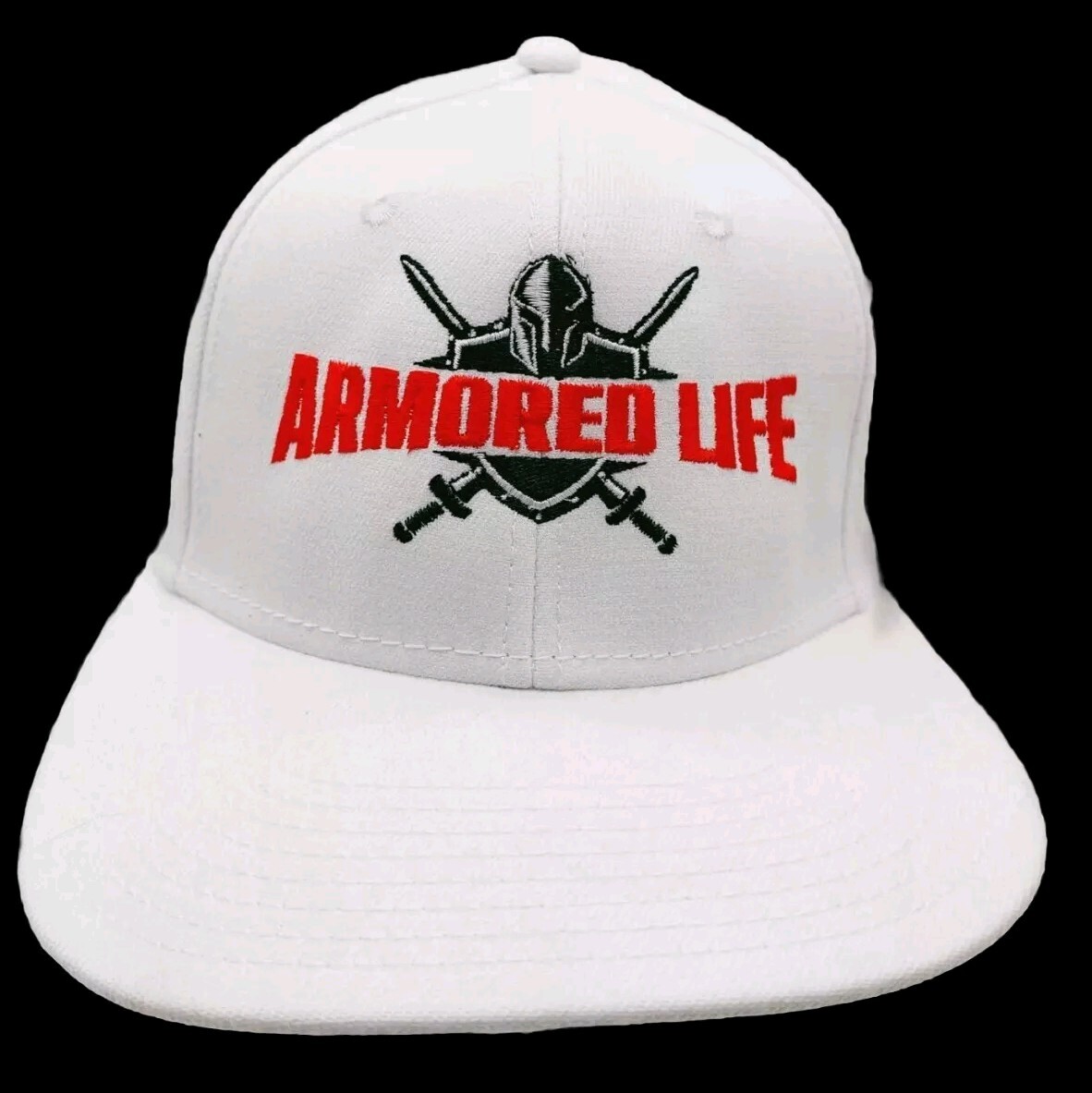 Armored Life Fitted Hat L/XL White Black Red Embroidered Design