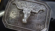Ariat Western Rectangle Smooth Edge Longhorn Silver Belt Buckle A37008