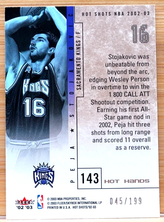 2002-03 Fleer Hot Shots Peja Stojakovic All Stars Hot Hands #D/199 - Imagem 2 de 2