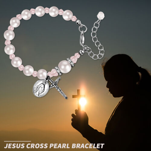 Virgin Mary Rosary Bead Cross Chain Simulated Pearl Beaded Bracelet for Women - Picture 18 of 56