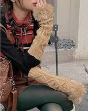 Fluffy Fingerless Gloves Camel Brown Fall Winter Warmer Wrist Ladies Women Teen