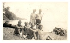 1930s Family Group Swimsuits Beach Canoe Lake Vacation Summer Black  White Vint