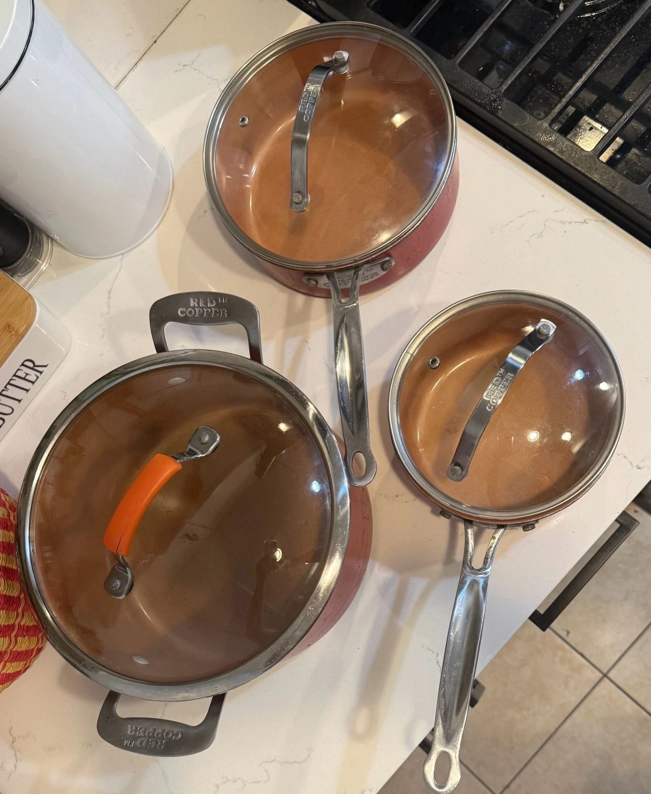 Red Copper Non-Stick Cookware Set 3-Piece with Lids