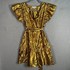 LoveShackFancy Womens 4 Gold Metallic Ruffle Wrap Dress Metallic Leopard Print