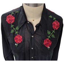 VTG Rockmount Ranch Wear Tru-West Black Red Embroidered Pearl Snap Shirt M