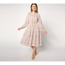 Destination 365 Striped Midi Dress Womens LP Beige Peasant Prairie Cottage NWT
