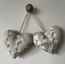 Pair Of Heart Door Hangers in Laura Ashley Pussy Willow Natural Fabric ~ 5"